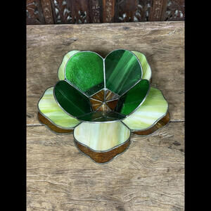 Open Lotus Stained Glass Flower Garden Tea light Candle Holder Greens & Amber